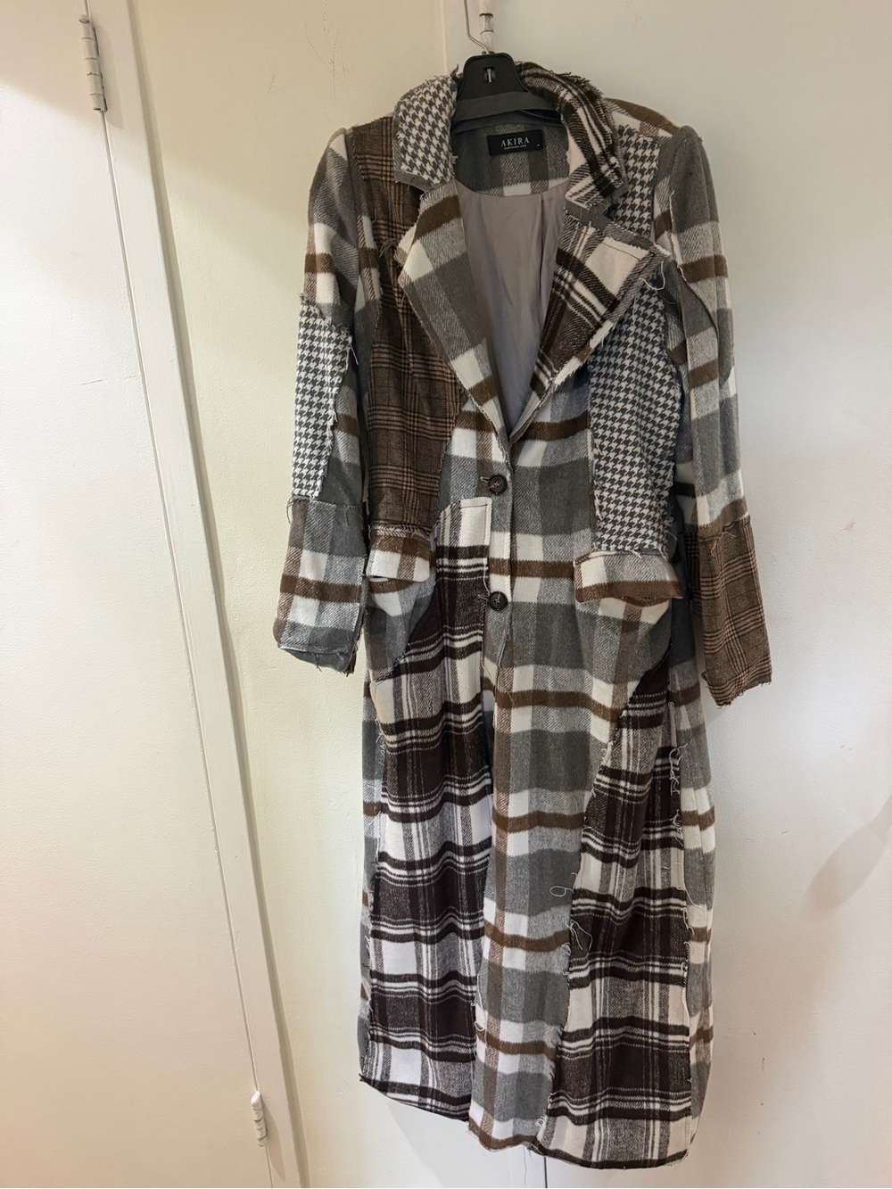 AKIRA Brown, Gray & White Plaid Long Trench Coat